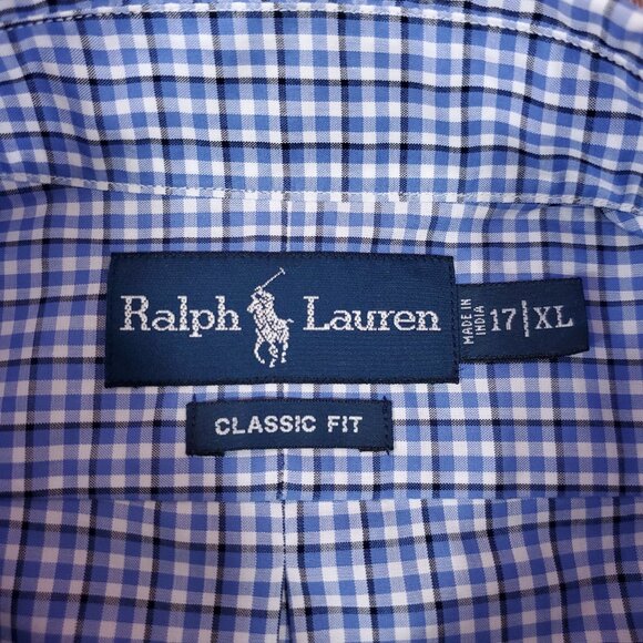 Ralph Lauren Shirt Mens 17 XL Classic Fit Blue Gingham Plaid Button Down Shirt - Picture 11 of 16